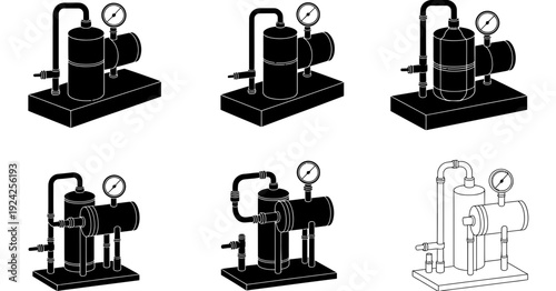 Collection of vintage steam-powered mechanical devices and diagrams in motion isolated on white background, Vector, illustration