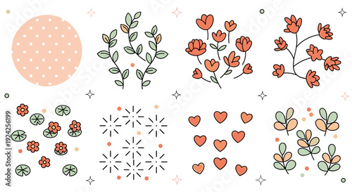 A collection of floral elements including various flowers, leaves, and decorative shapes in a colorful vector style, perfect for crafting and design projects
