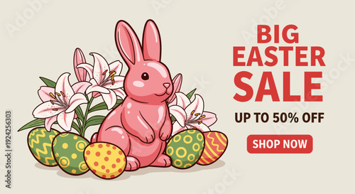 A cute pink Easter bunny surrounded by colorful decorated eggs and lilies in a cheerful vector style, ideal for seasonal sales promotions