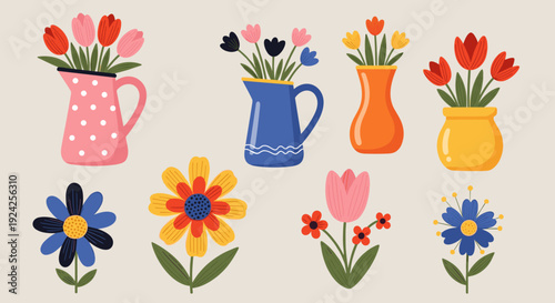 A collection of colorful flower vases with tulips and daisies in a modern flat vector style, ideal for home decor and floral design projects
