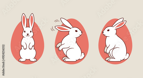 A set of three cute cartoon rabbits in minimalist vector style, ideal for Easter and spring-themed designs