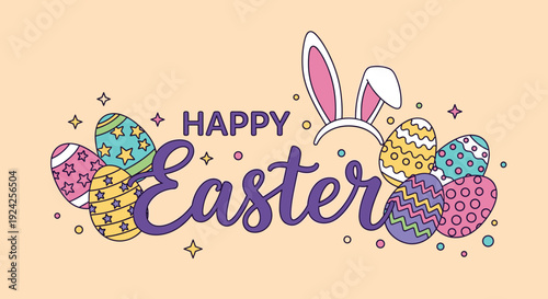 A playful Easter greeting featuring colorful eggs and bunny ears in a cheerful, modern vector style, perfect for seasonal celebrations