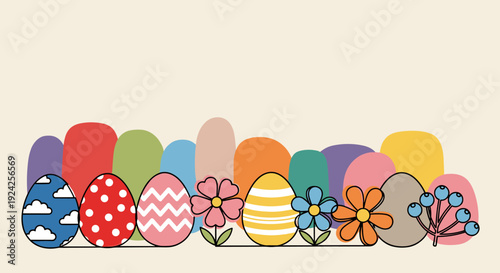 A collection of colorful decorated Easter eggs and flowers in flat vector style, perfect for spring holiday designs