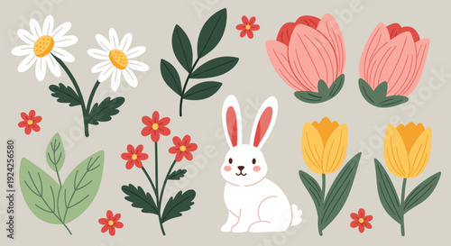 A collection of flowers, leaves, and a cute rabbit in colorful flat vector style, perfect for spring-themed designs