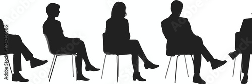 Group of people sitting in chairs engaged in a discussion or meeting isolated on white background, Vector, illustration