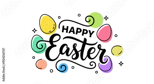 A cheerful 'Happy Easter' greeting with colorful egg designs in playful modern vector style, perfect for festive cards and decorations