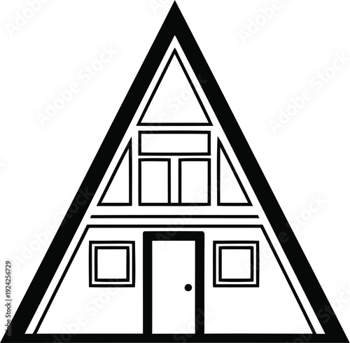Mid-Century A-Frame Cabin Minimal Line Art – Triangle Roof Black Outline House Vector Illustration