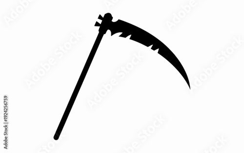 Classic black and white depiction of a grim reaper’s scythe against a plain background isolated on white background, Vector, illustration