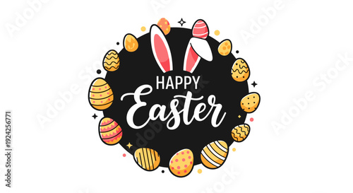 A festive Easter design featuring colorful eggs and bunny ears in a playful vector style, perfect for holiday greetings