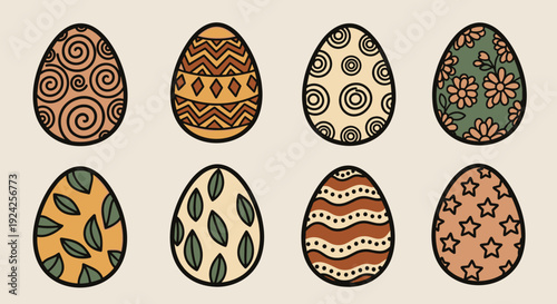 A collection of eight decorated Easter eggs with various patterns in a colorful modern vector style, ideal for spring holiday designs