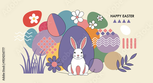 A cute Easter bunny surrounded by colorful eggs and flowers in a modern vector style, perfect for holiday greetings and decorations