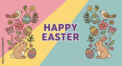 A cheerful Easter illustration featuring bunnies, eggs, and flowers in a colorful vector style, perfect for festive greetings and decorations