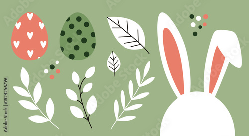 A playful illustration featuring a bunny head, decorated eggs, and various leaves in a colorful modern vector style, ideal for Easter-themed designs