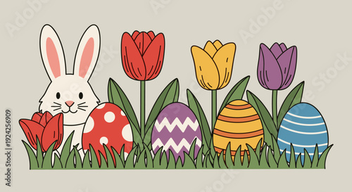 A cute Easter bunny sitting among colorful tulips and decorated eggs in a flat vector style, perfect for spring celebrations