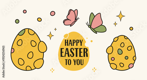 A colorful illustration of decorated Easter eggs and butterflies with a cheerful message, in flat vector style, ideal for holiday greetings and decorations