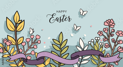 A decorative Easter illustration featuring colorful flowers, butterflies, and a ribbon with the text 'Happy Easter' in modern vector style, perfect for seasonal greeting cards and decorations