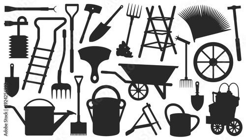 Assorted vintage gardening and outdoor maintenance tools in black and white illustration isolated on white background, Vector, illustration