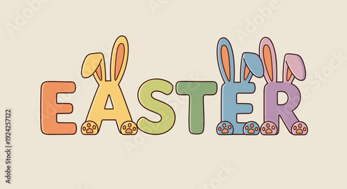 A playful Easter lettering design with bunny ears incorporated into the letters in a colorful vector style, ideal for holiday cards and decorations