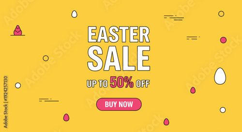 A vibrant Easter sale banner featuring colorful eggs and a promotional message in flat modern vector style, ideal for online marketing campaigns