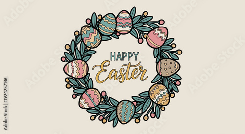 A decorative Easter wreath with colorful eggs and greenery in a playful, hand-drawn vector style, perfect for holiday greetings