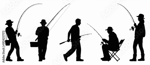 Group of people engaged in various fishing activities along a waterfront. isolated on white background, Vector, illustration