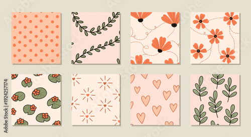 A collection of floral and geometric patterns in pastel colors, featuring flowers, leaves, and polka dots in a modern vector style, perfect for textiles and stationery design