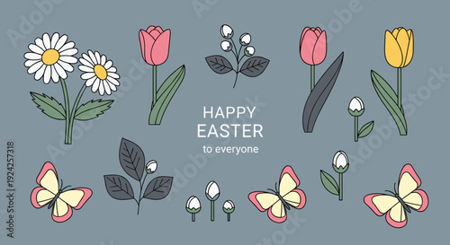 A collection of colorful flowers and butterflies with the text 'Happy Easter' in modern vector style, perfect for greeting cards and festive designs