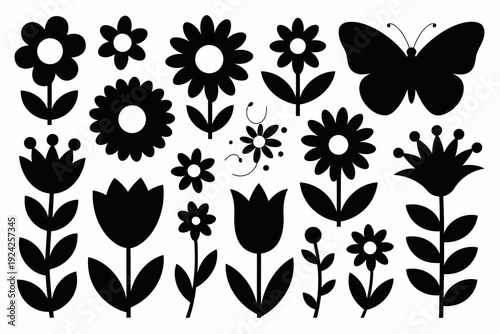 Black and white floral and butterfly pattern collection with various designs isolated on white background, Vector, illustration