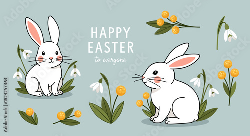 A cute illustration of two rabbits surrounded by flowers and snowdrops in a colorful vector style, perfect for Easter greetings