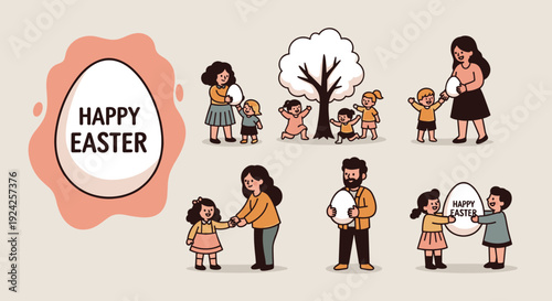 A cheerful Easter celebration scene featuring families and children enjoying egg hunts in a playful cartoon vector style, perfect for festive greeting cards and decorations