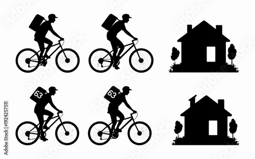 Cyclists racing towards a quaint countryside house with a thatched roof isolated on white background, Vector, illustration