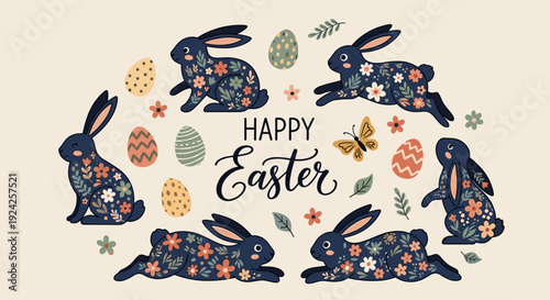 A collection of floral Easter bunnies, decorated eggs, and a butterfly in a colorful vector style, perfect for holiday greetings and spring celebrations