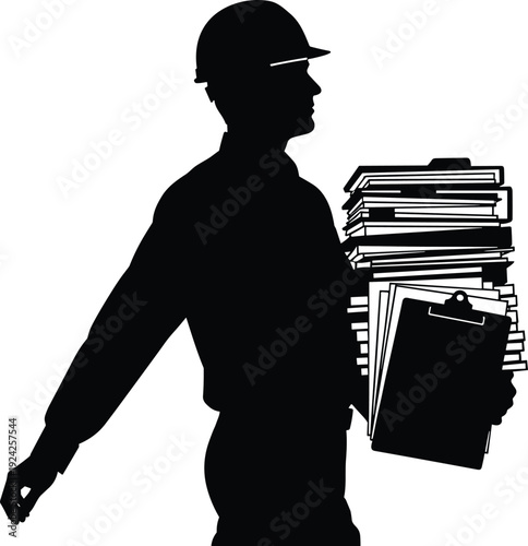 Construction worker silhouette carrying documents and clipboard representing engineering project management industrial  workplace responsibility building supervision and professional 