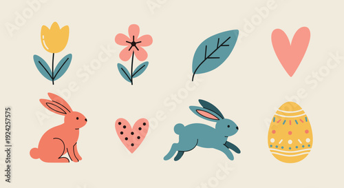 A collection of cute rabbits, flowers, hearts, and an Easter egg in colorful flat vector style, perfect for spring designs