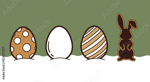 A collection of decorated Easter eggs and a bunny silhouette in a playful vector style, perfect for spring holiday designs