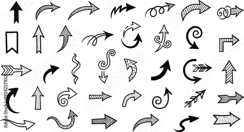 Hand drawn arrow collection set with different direction symbols doodle style navigation elements for infographic design workflow process guidance and creative direction concept illustration