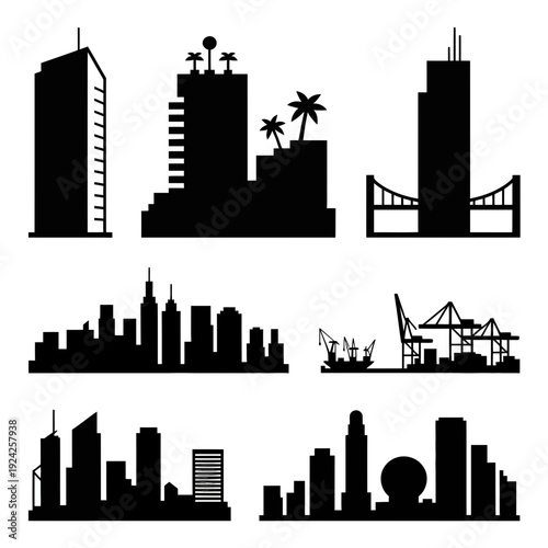 Silhouette collection of urban buildings and city landmarks against a white background isolated on white background, Vector, illustration