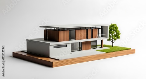 Modern Architectural Model of a Sleek, Two-Story House with Wood Accents and Large Windows, Set on a Green Lawn