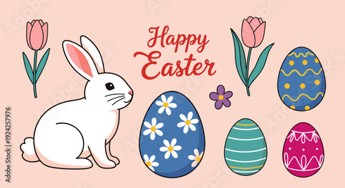 A cute Easter bunny with decorated eggs and flowers in colorful flat vector style, perfect for holiday celebrations and greetings