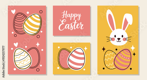 A collection of Easter-themed illustrations featuring colorful eggs and a cute bunny in modern vector style, perfect for holiday greetings and decorations
