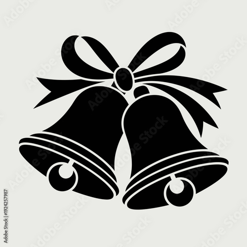 Two black jingle bells tied with a decorative ribbon bow for festive occasions. isolated on white background, Vector, illustration