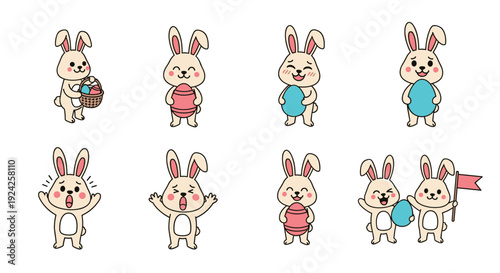 A collection of cute cartoon bunny characters in colorful vector style, perfect for Easter themes and children's designs