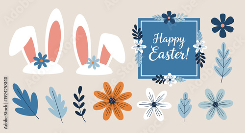A collection of Easter-themed elements including bunny ears, flowers, and leaves in a cheerful vector style, perfect for festive designs