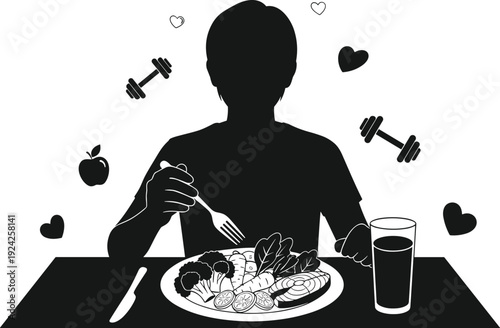 Healthy lifestyle concept silhouette of person eating balanced meal with vegetables and fitness symbols representing nutrition wellness diet motivation and mindful eating habits daily