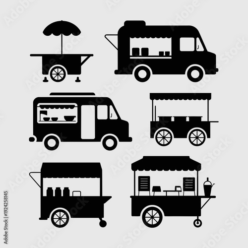 Collection of diverse food truck designs with unique features and setups isolated on white background, Vector, illustration