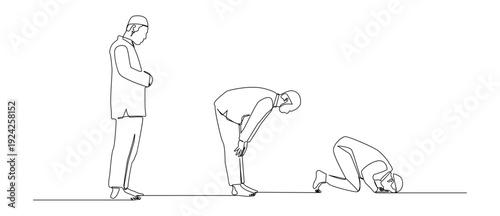 Minimalist single line illustration showing a Muslim man performing a series of Islamic prayer positions, Ideal for Ramadan designs, Islamic educational materials, spiritual content, etc.