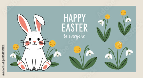 A cute rabbit sitting among flowers with a 'Happy Easter' message in a colorful vector style, perfect for greeting cards and festive decorations