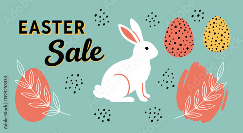 A cheerful Easter Sale illustration featuring a cute rabbit, decorated eggs, and floral elements in a colorful vector style, perfect for promotional materials