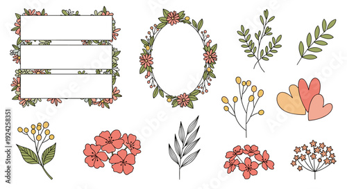 A collection of floral frames, wreaths, and decorative elements in colorful hand-drawn vector style, perfect for invitations and designs