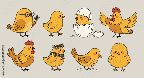 A set of cute cartoon birds and chicks in various poses and expressions in colorful vector style, ideal for spring-themed designs